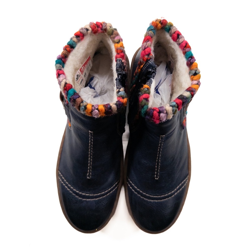 Rieker Felicitas Ankle Boots Womens 40 8.5 Navy Blue Faux Leather Zip Yarn Trim - Picture 9 of 10